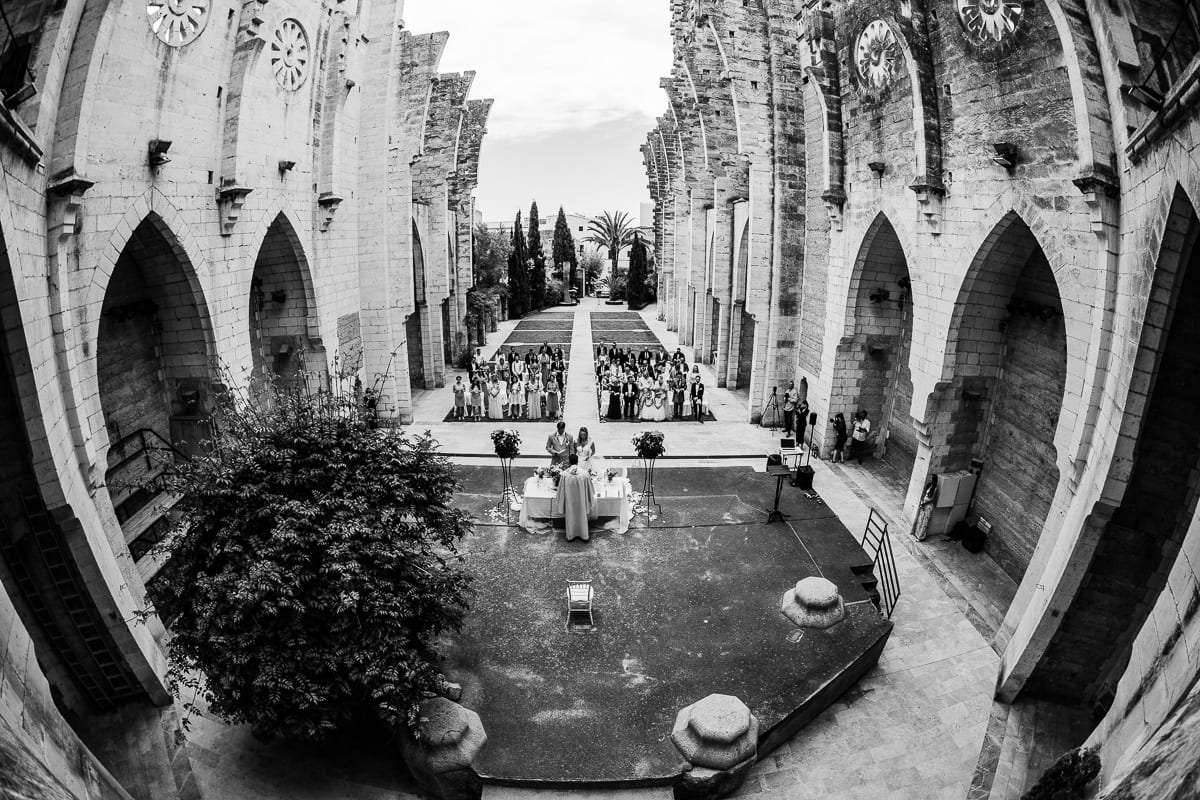 Black and white Wide-angle view from above of the roofless church Iglesia Nova.
